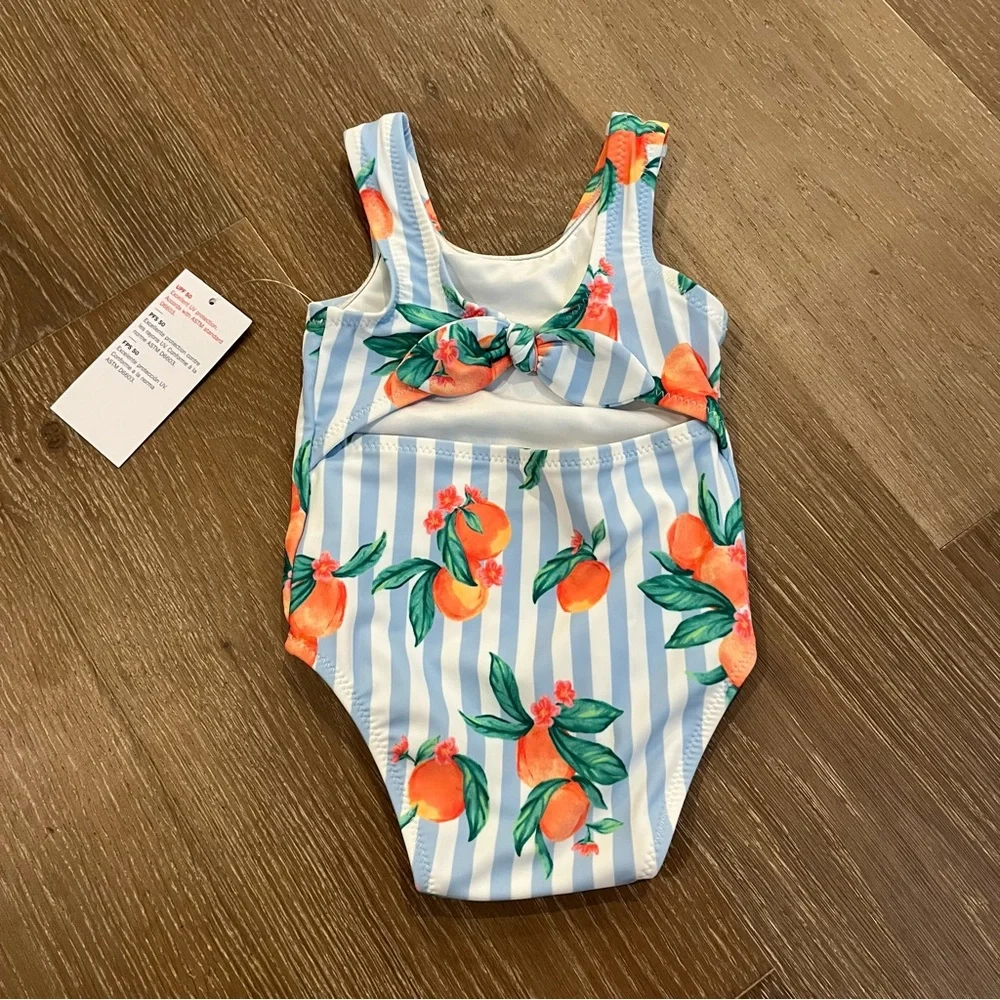 Old Navy Baby Girl Blue Striped Swimsuit Bow Peach Size 6-12 Months